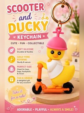 Cute Yellow Duck Silicone Keychain with Pink Hat